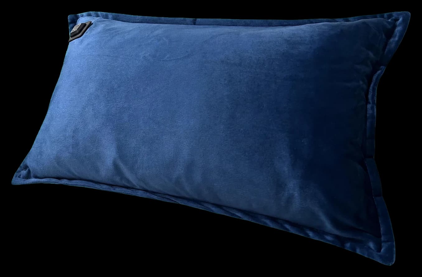 Langwerpig donkerblauw fluwelen Warmpi warmtekussen met bedieningsknop