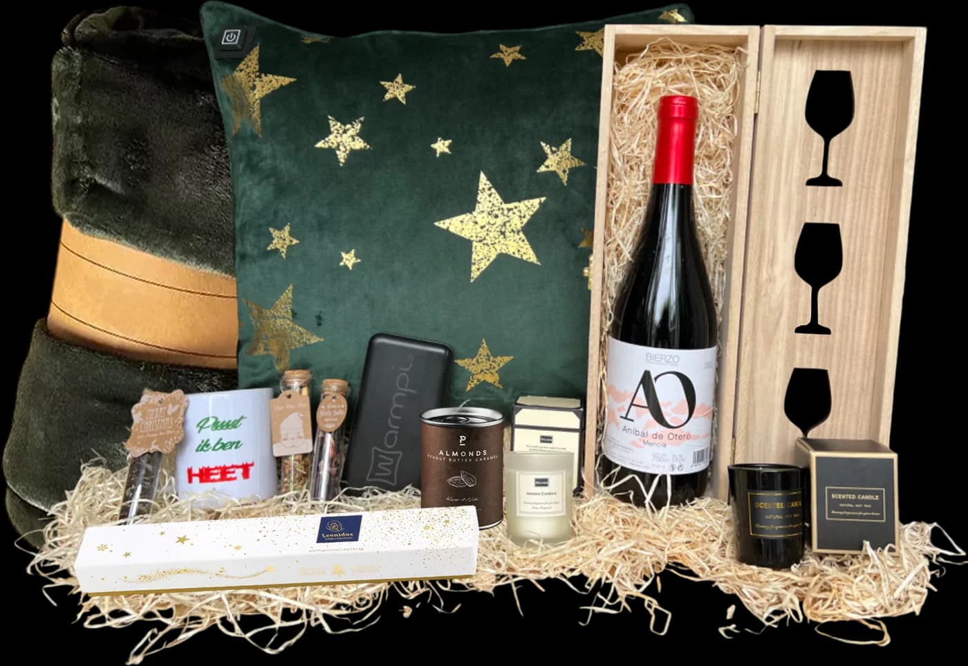 Eerder luxe Warmpi winterpakket met groen warmtekussen, een fles wijn in een houten kist en feestelijke lekkernijen