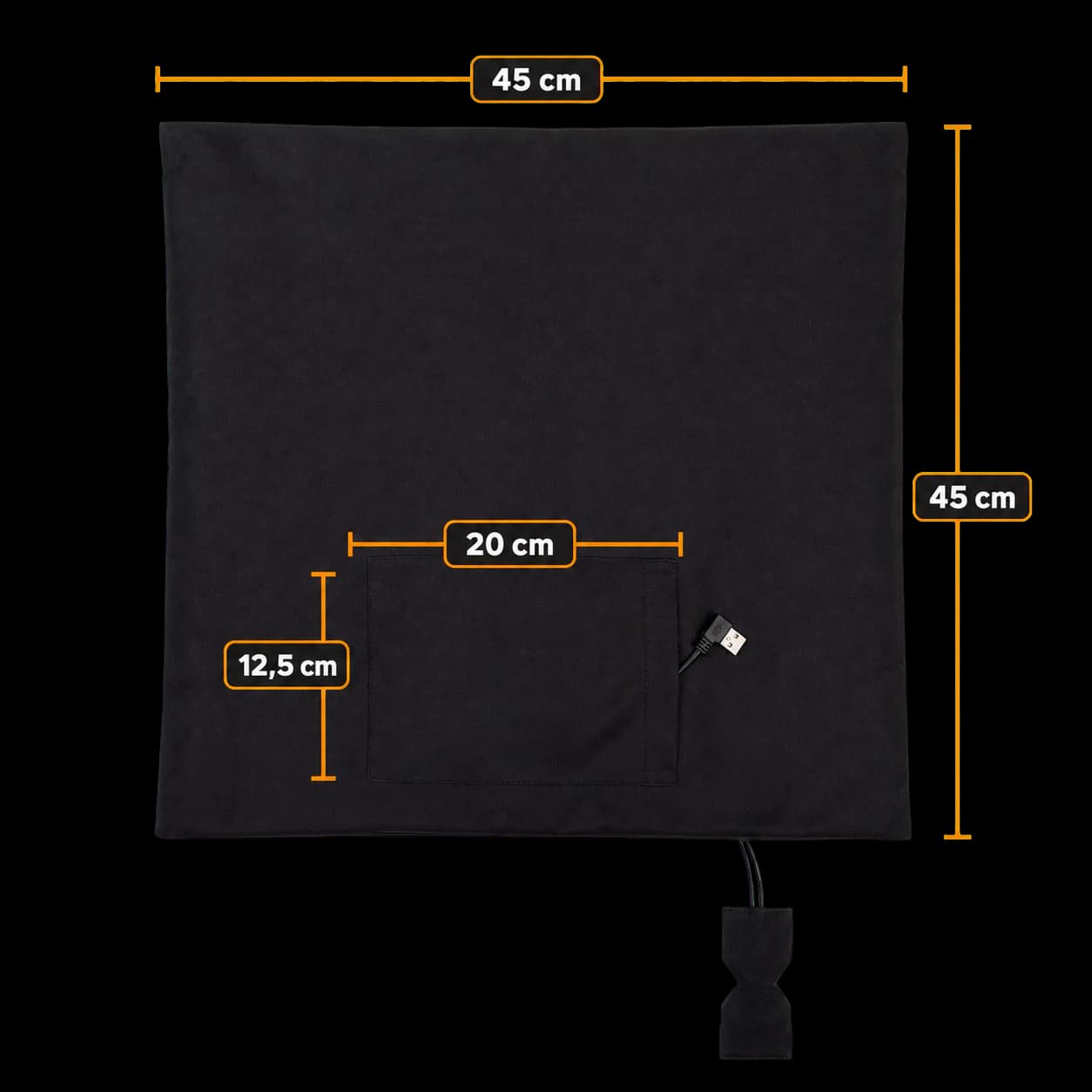 Afmetingen van de 45x45cm verwarmde binnenhoes en het powerbankvak van 20x12,5cm
